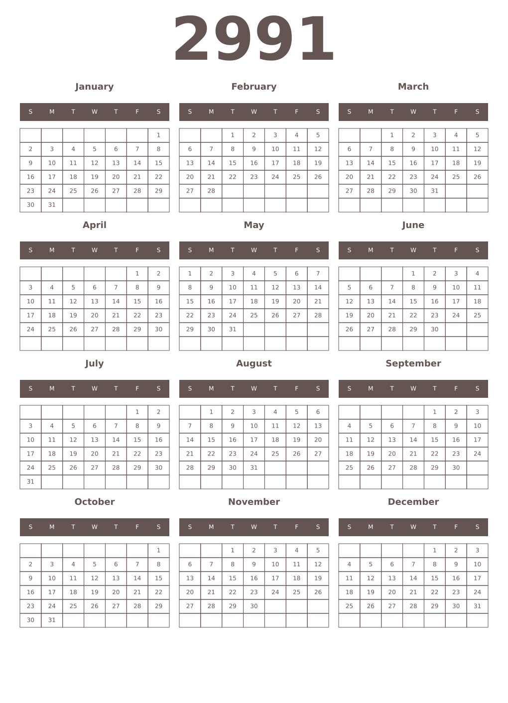 Printable 2991 Year Calendars wenge