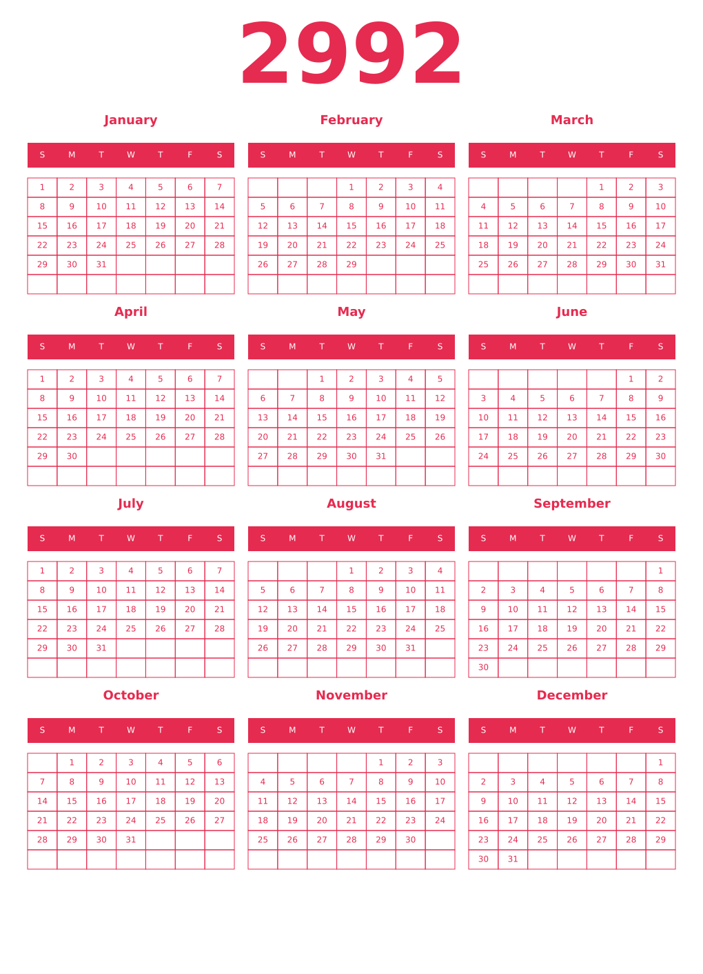 Printable 2992 Year Calendars amaranth