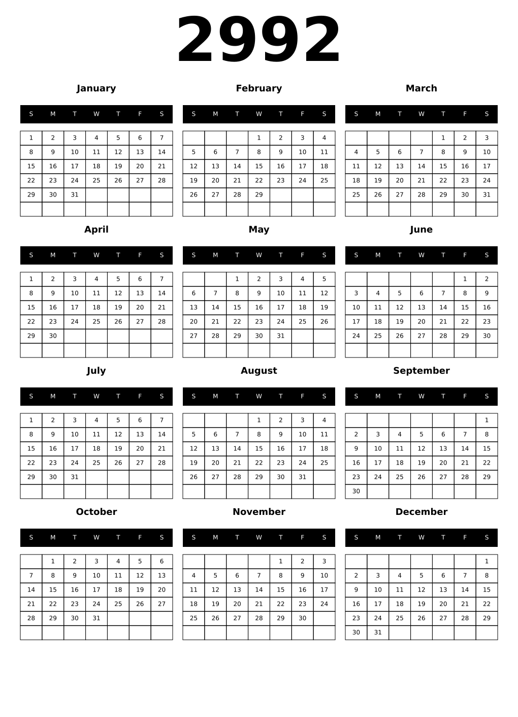 Printable 2992 Year Calendars black