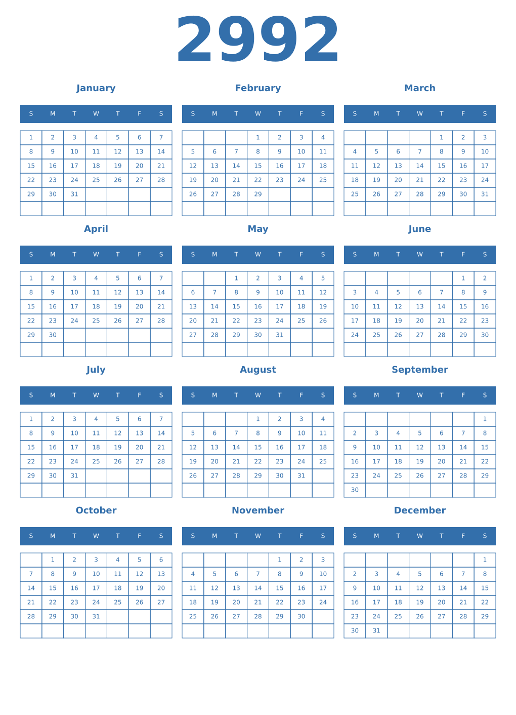Printable 2992 Year Calendars blue