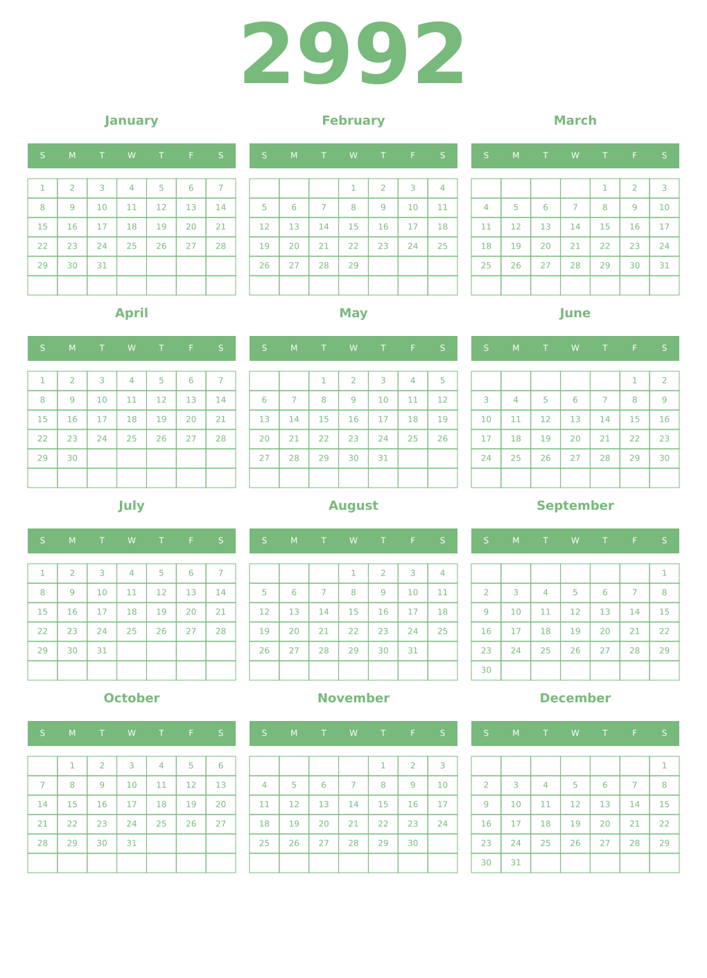 Printable 2992 Year Calendars celadon