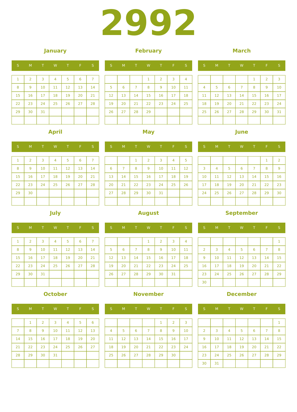 Printable 2992 Year Calendars chartreuse