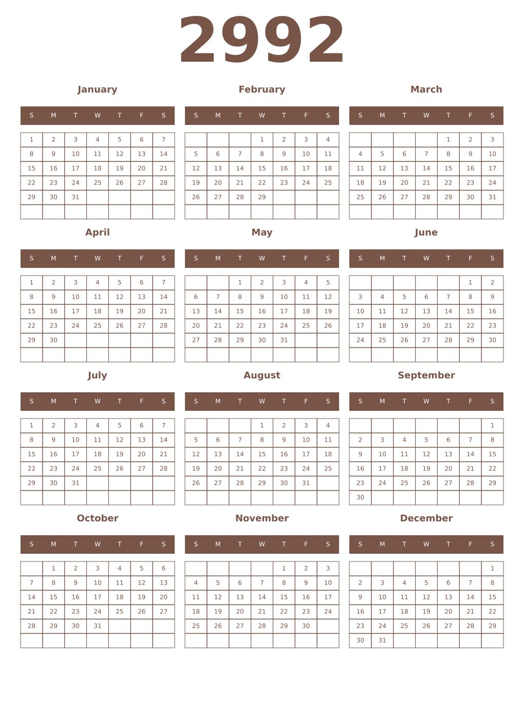 Printable 2992 Year Calendars coffe