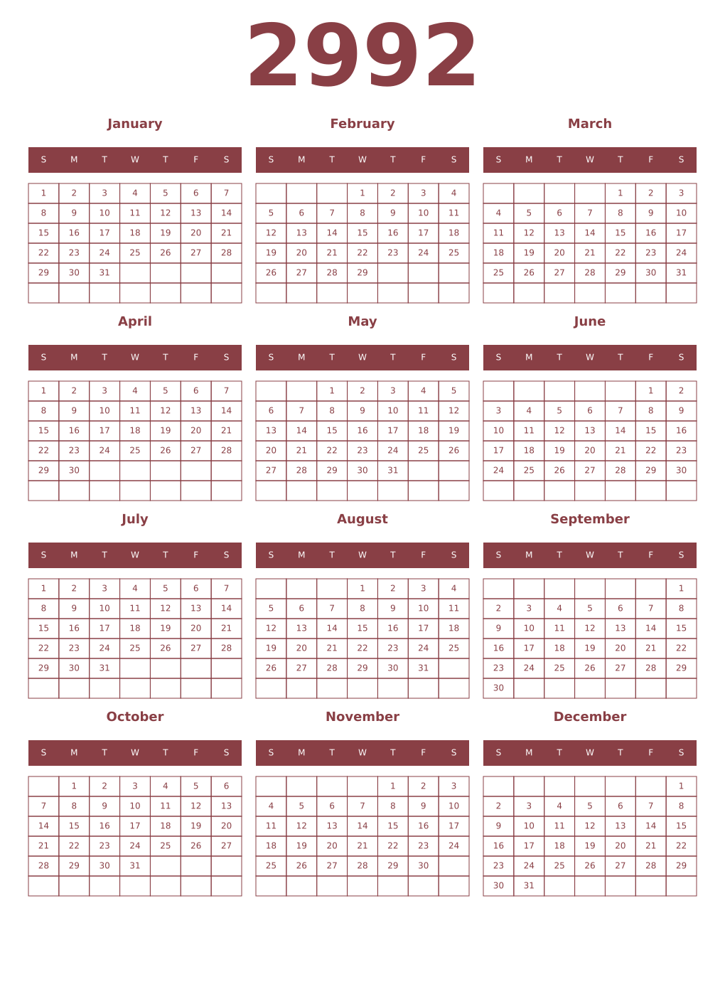Printable 2992 Year Calendars cordovan