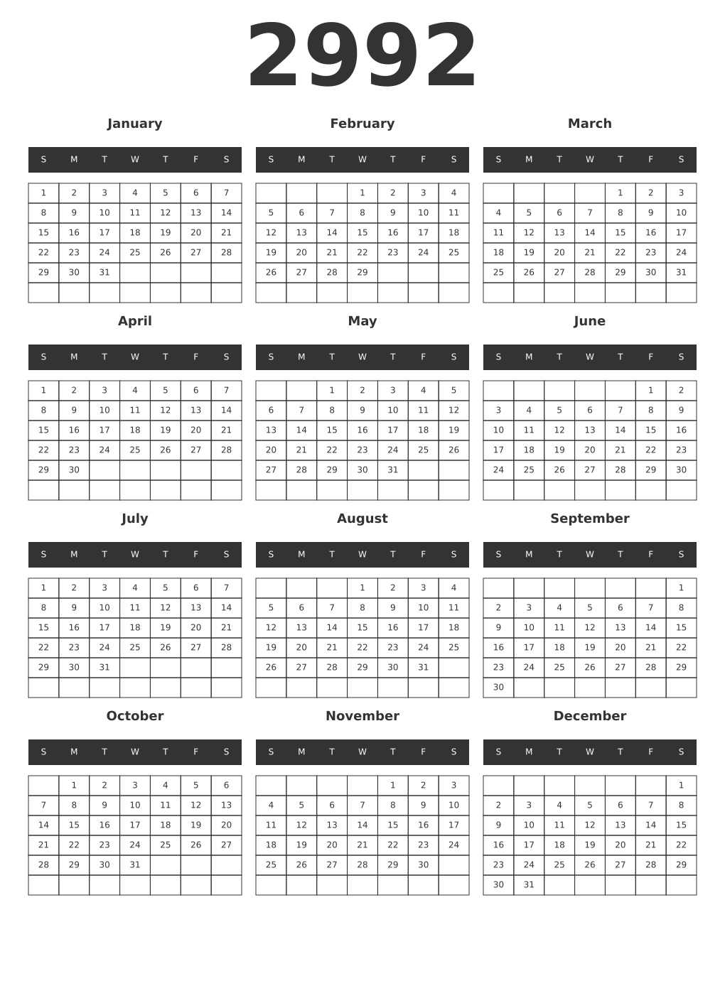 Printable 2992 Year Calendars dark