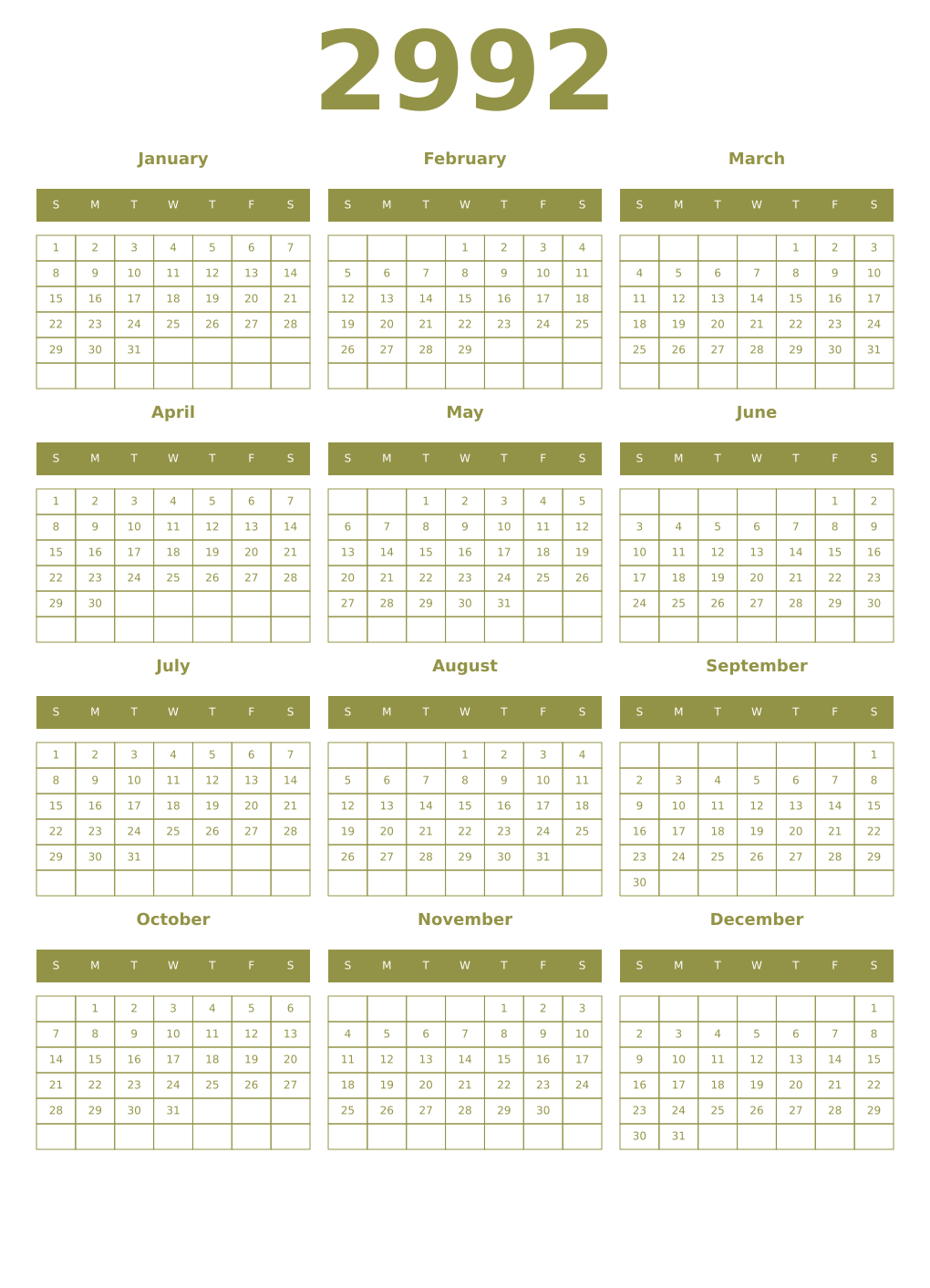 Printable 2992 Year Calendars eburnean