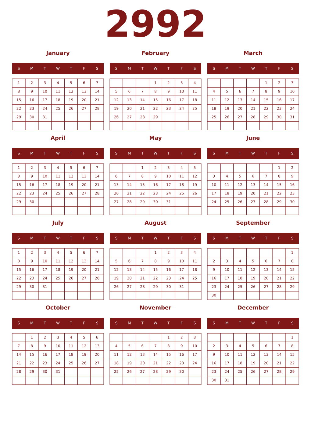 Printable 2992 Year Calendars falu