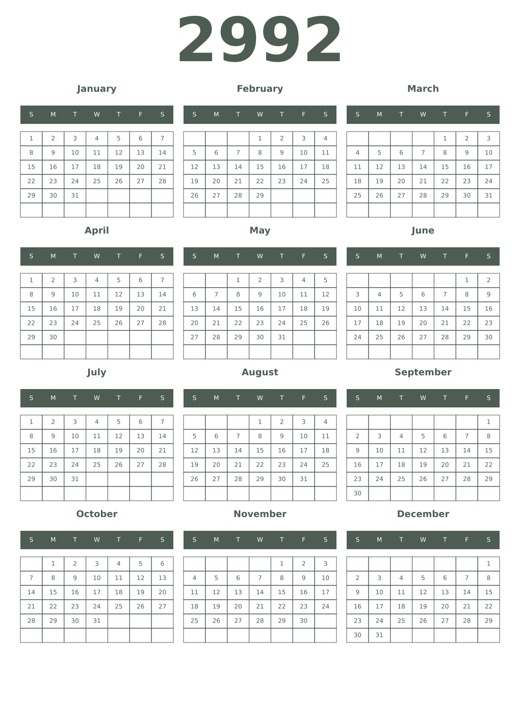 Printable 2992 Year Calendars feldgrau