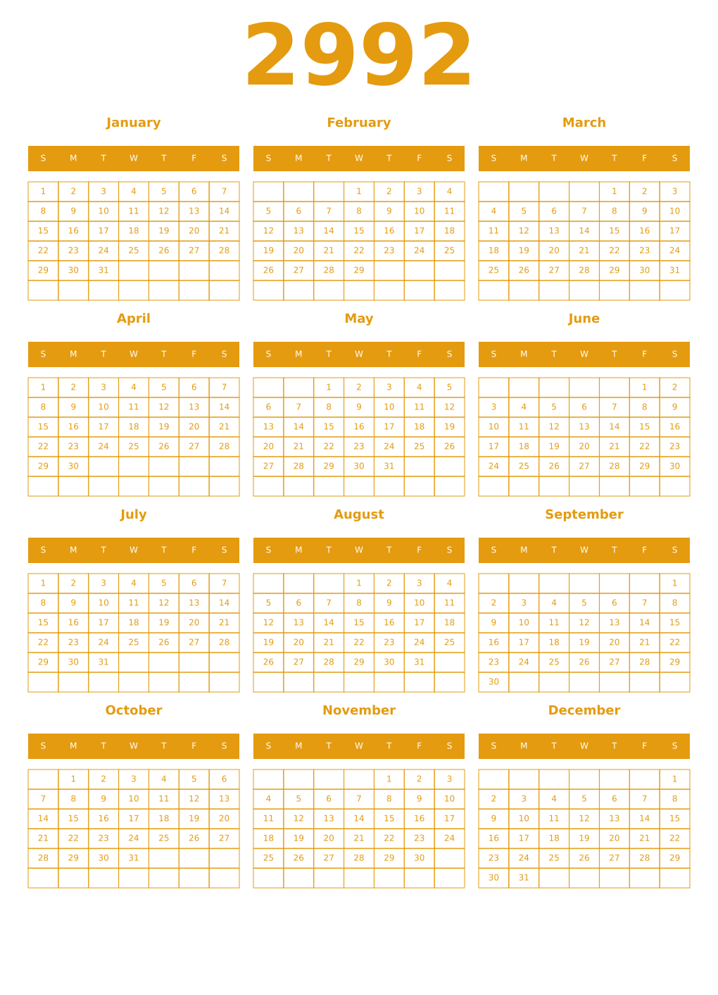Printable 2992 Year Calendars gamboge