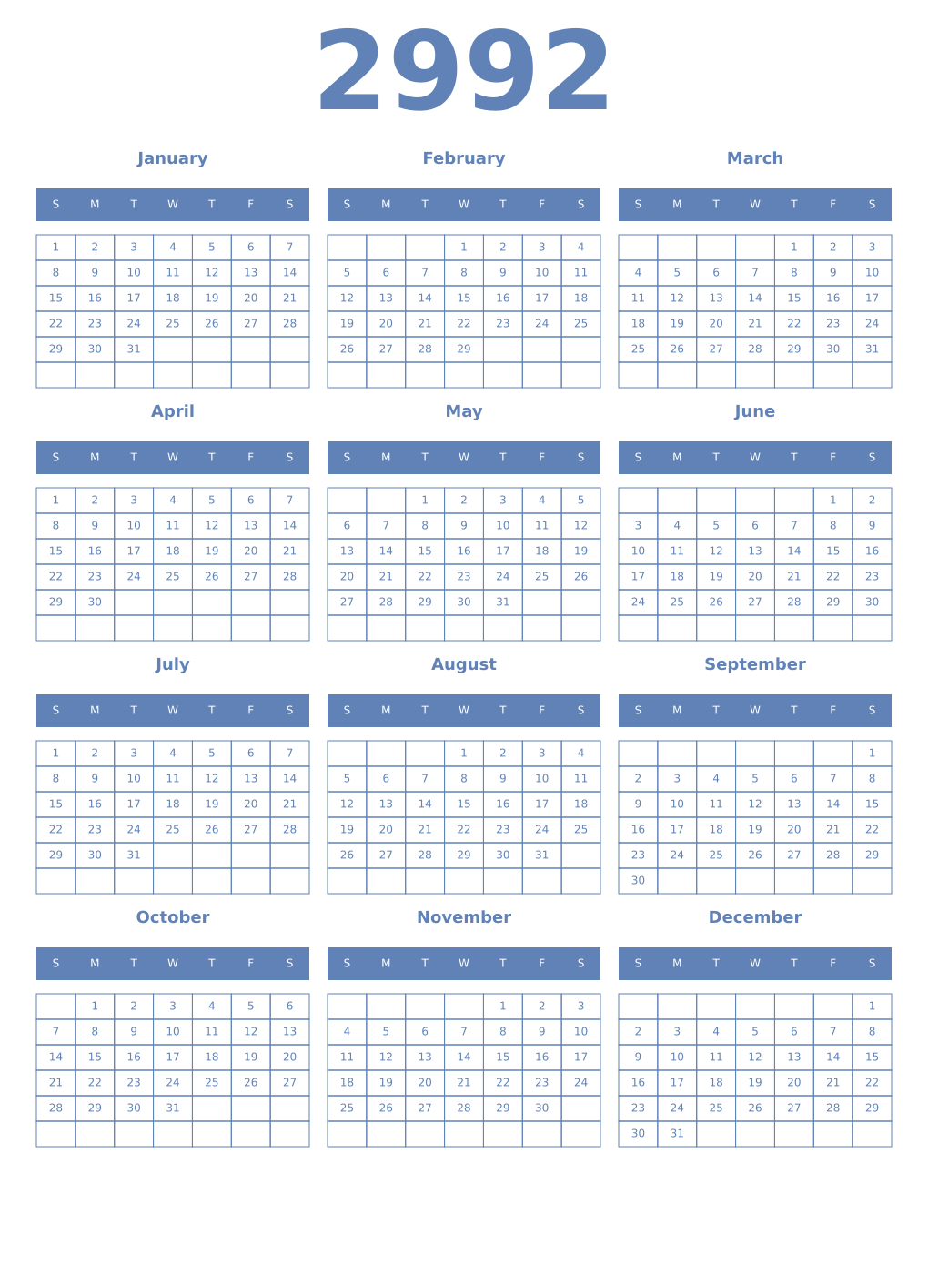 Printable 2992 Year Calendars glaucous