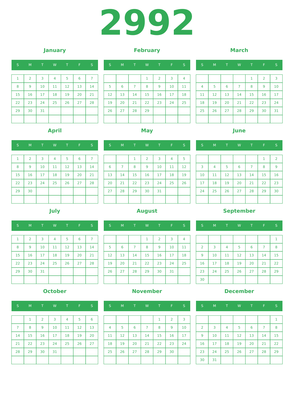 Printable 2992 Year Calendars green