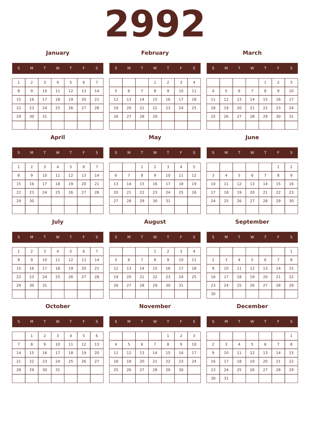 Printable 2992 Year Calendars mortuum