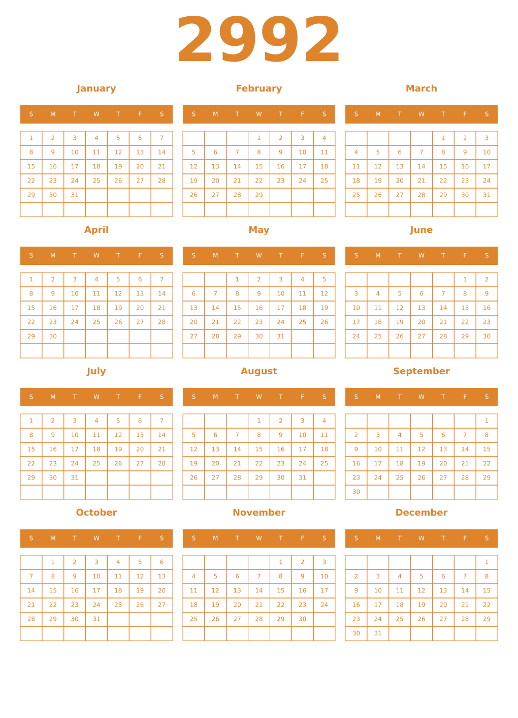 Printable 2992 Year Calendars orange