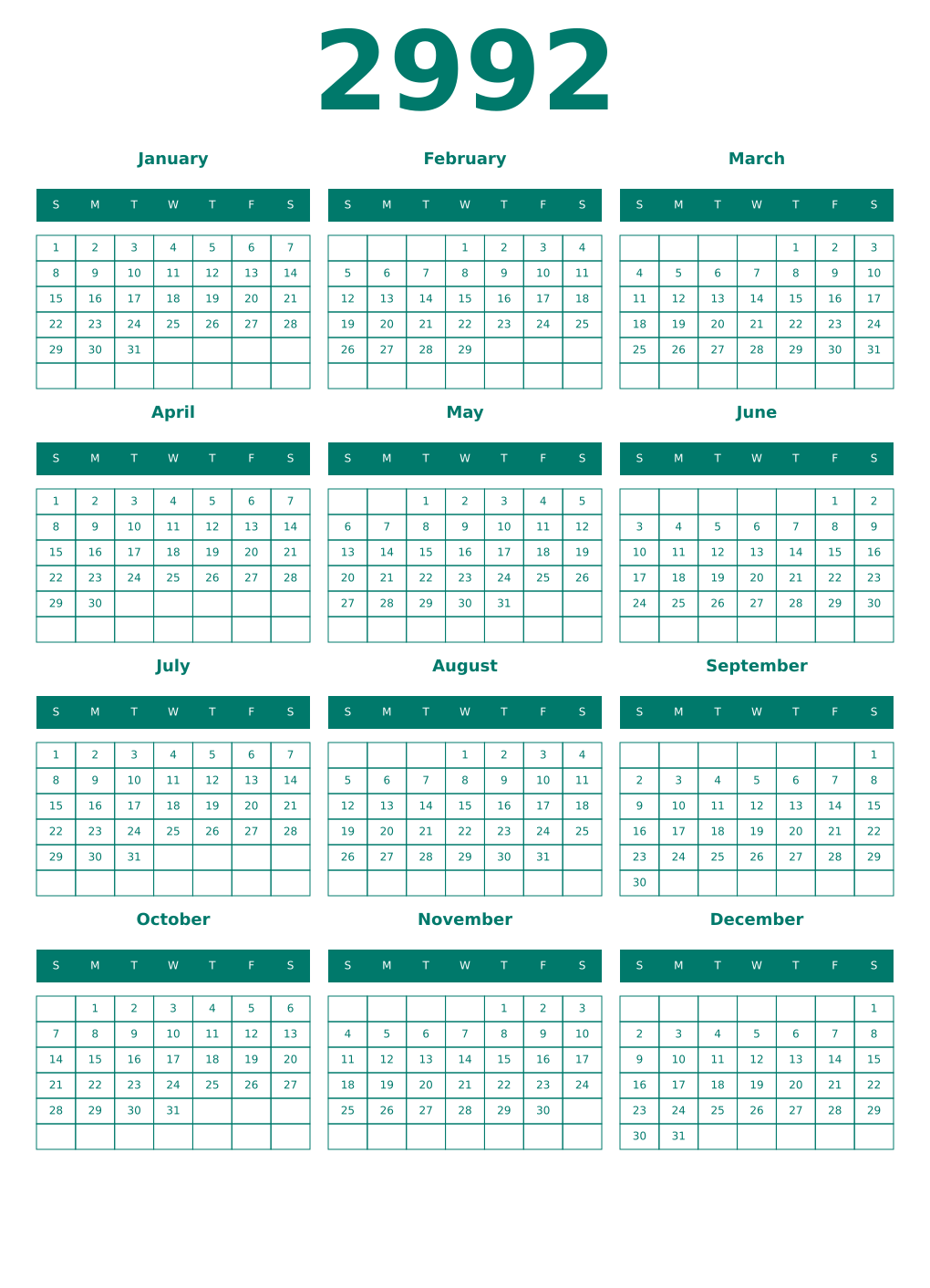 Printable 2992 Year Calendars pastel