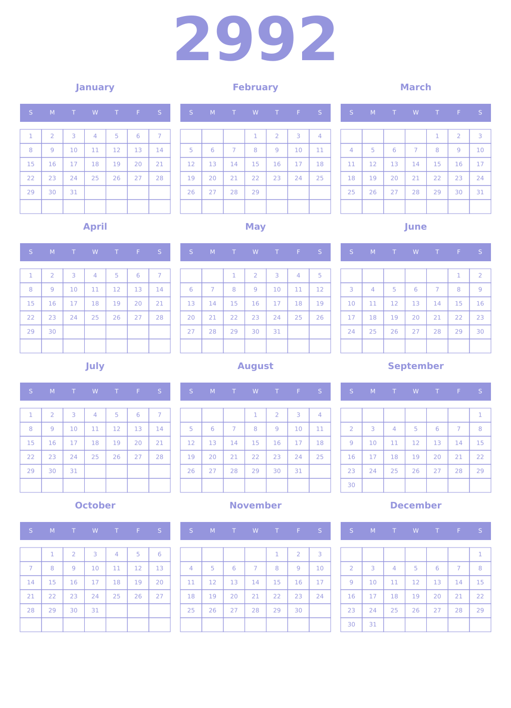 Printable 2992 Year Calendars periwinkle