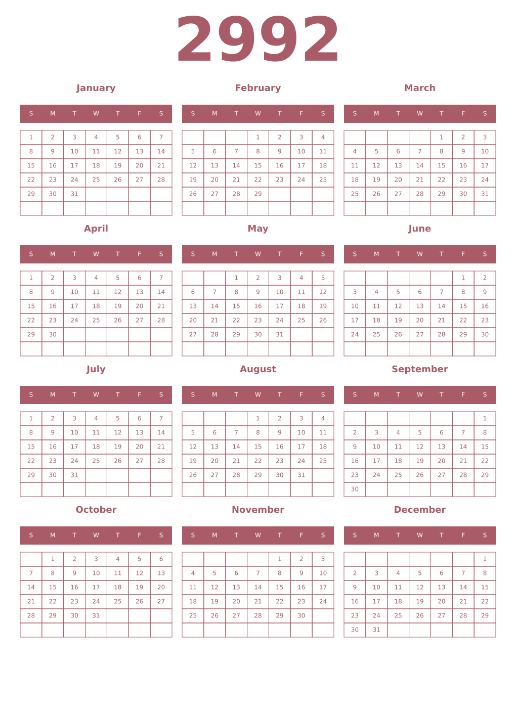 Printable 2992 Year Calendars puce