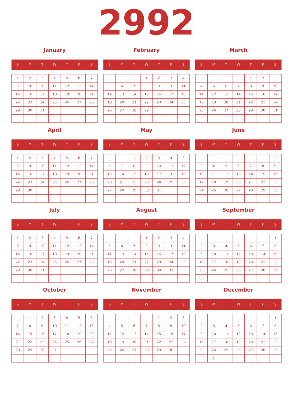 Printable 2992 Year Calendars red