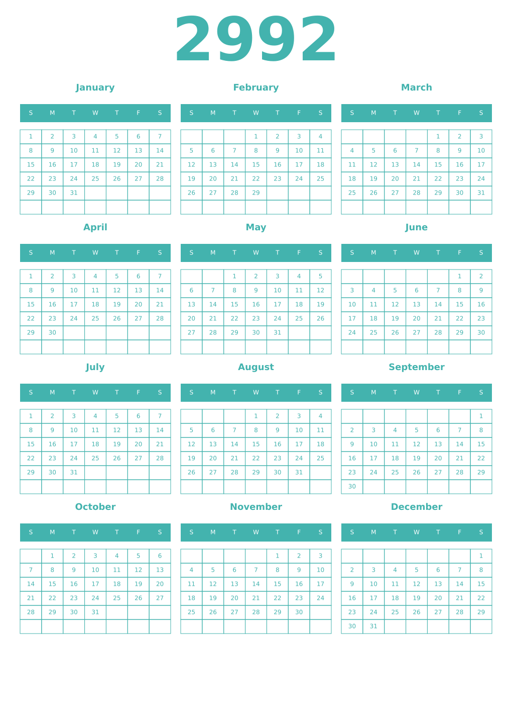 Printable 2992 Year Calendars verdigris