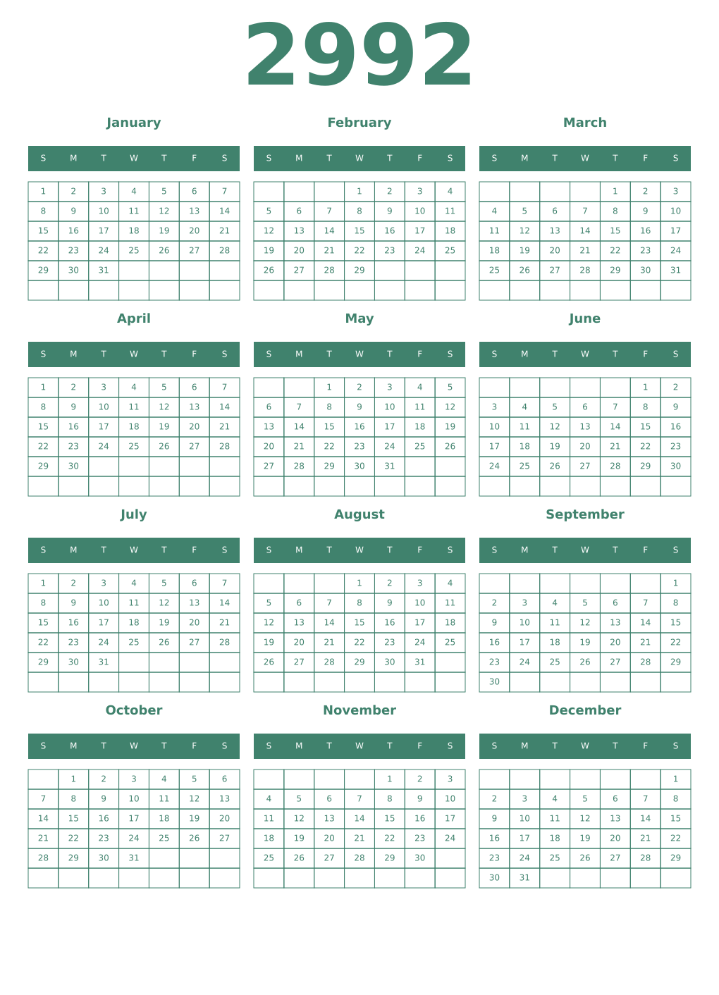 Printable 2992 Year Calendars viridian