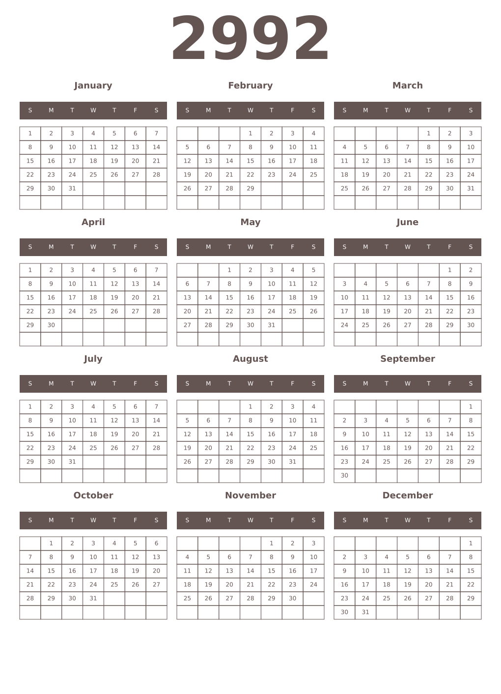 Printable 2992 Year Calendars wenge