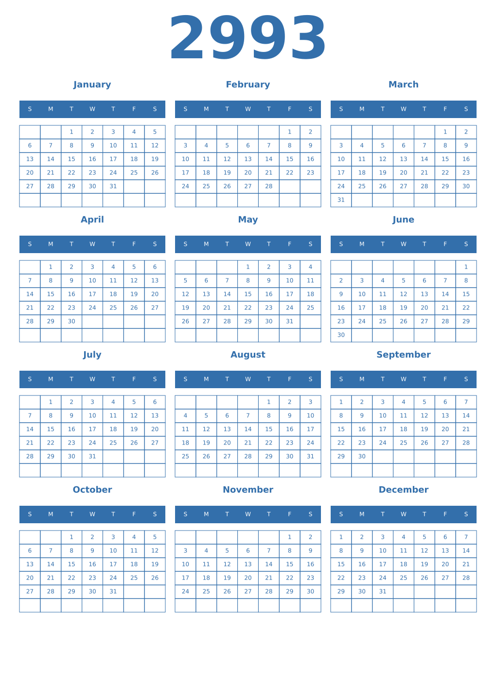 Printable 2993 Year Calendars blue