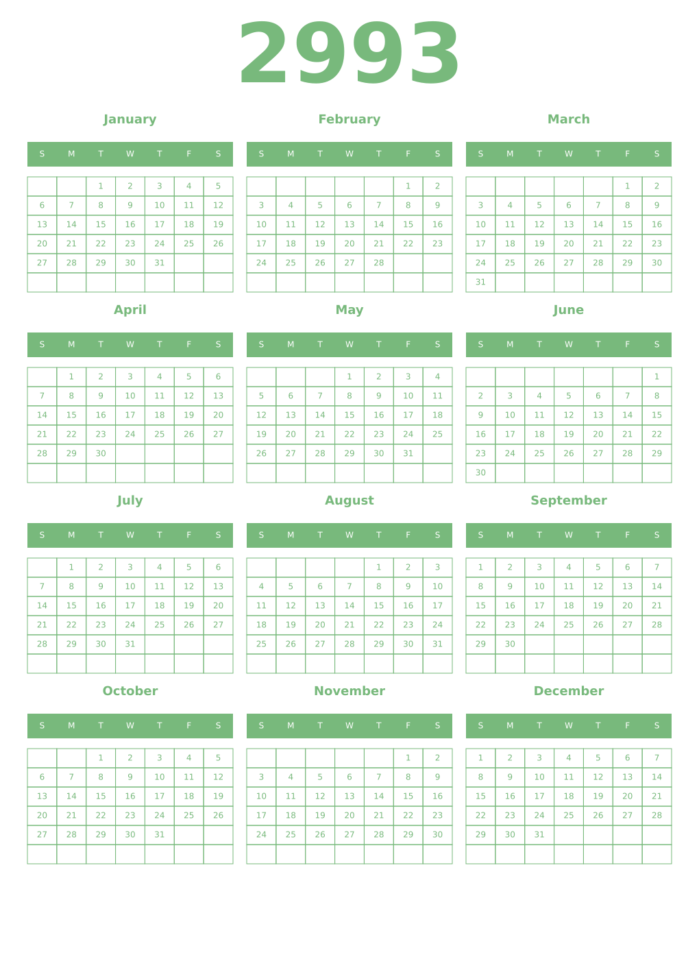 Printable 2993 Year Calendars celadon