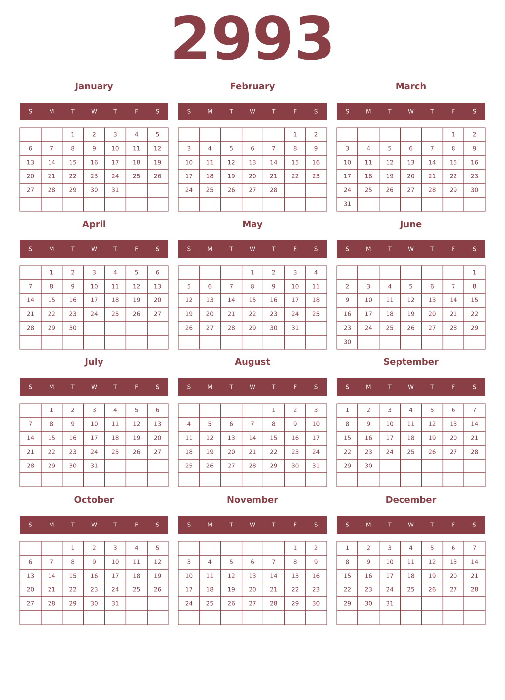 Printable 2993 Year Calendars cordovan
