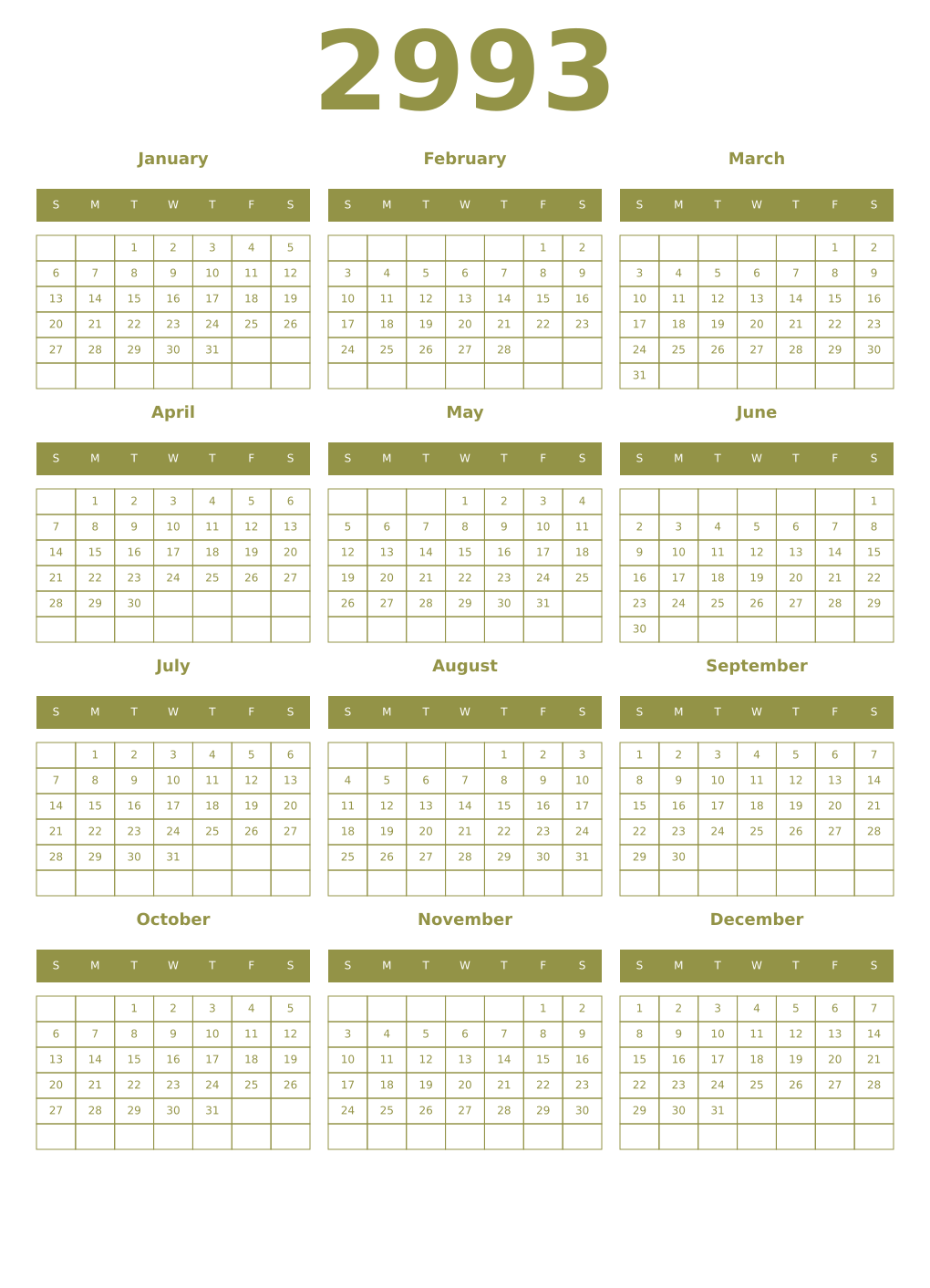 Printable 2993 Year Calendars eburnean