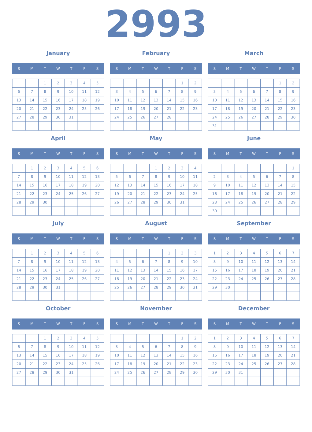 Printable 2993 Year Calendars glaucous