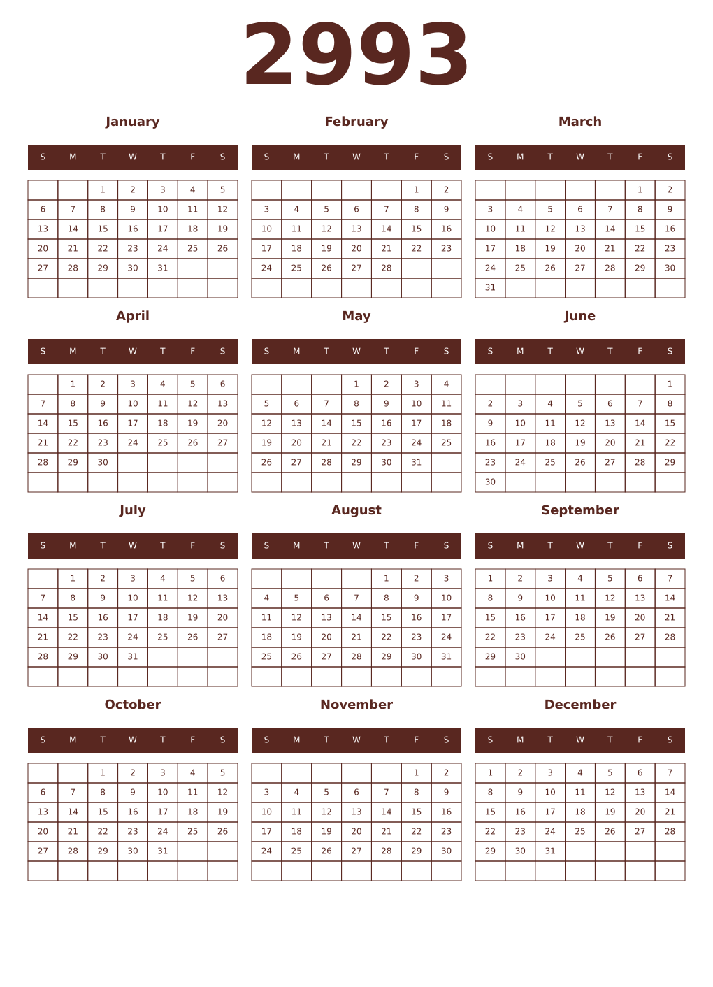Printable 2993 Year Calendars mortuum
