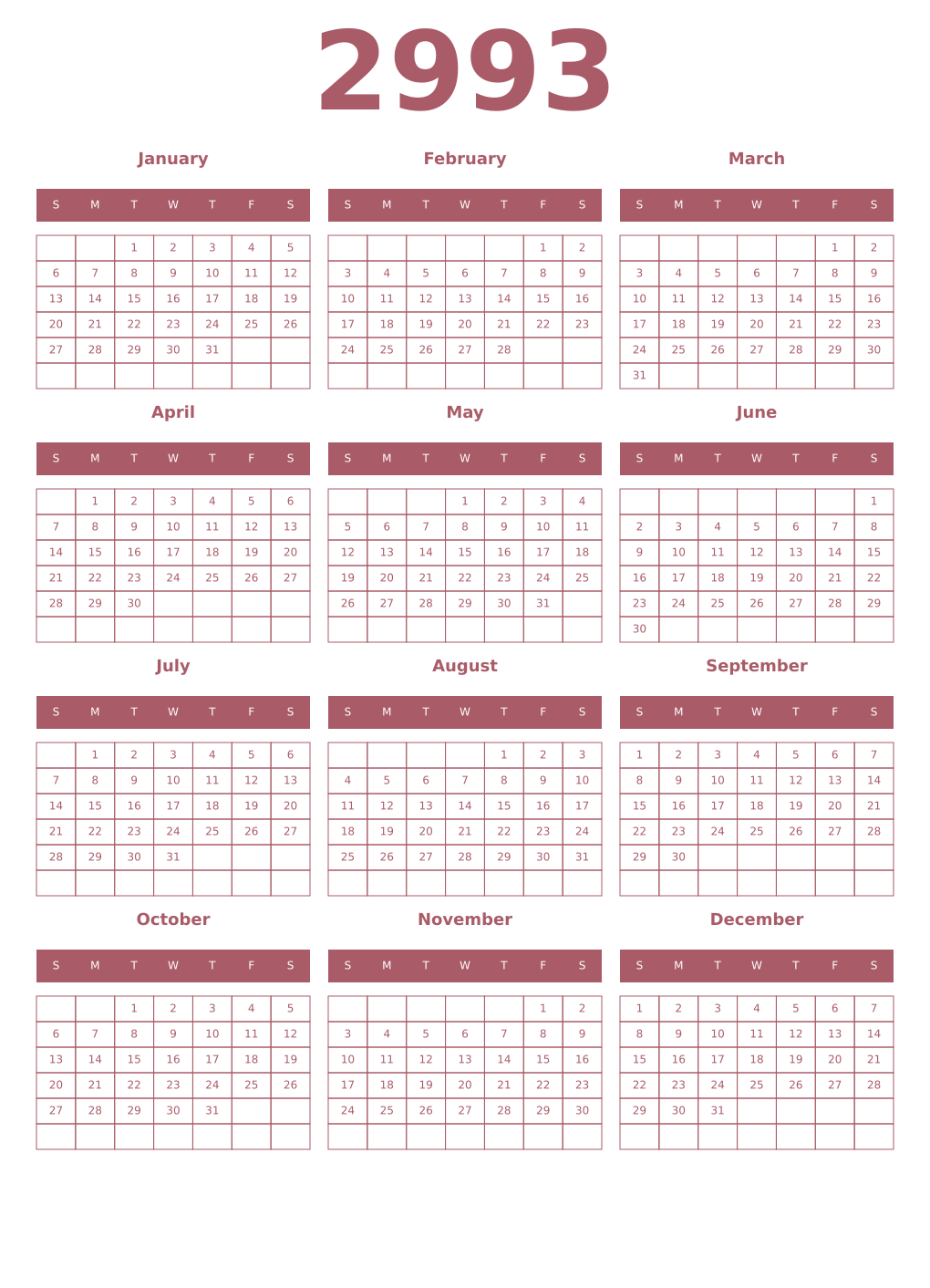 Printable 2993 Year Calendars puce