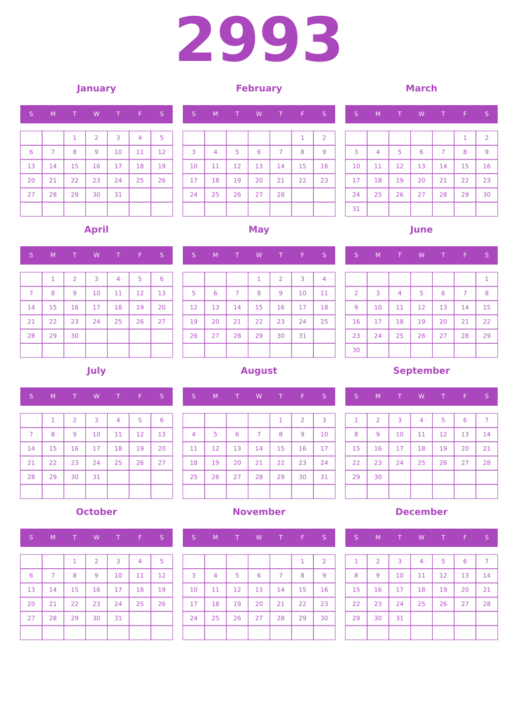 Printable 2993 Year Calendars purple