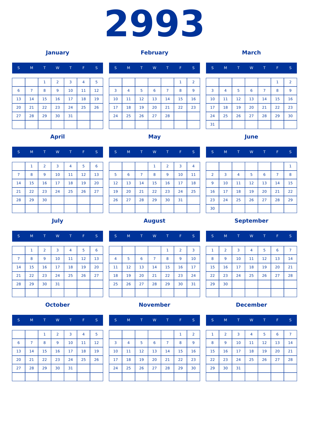 Printable 2993 Year Calendars smalt