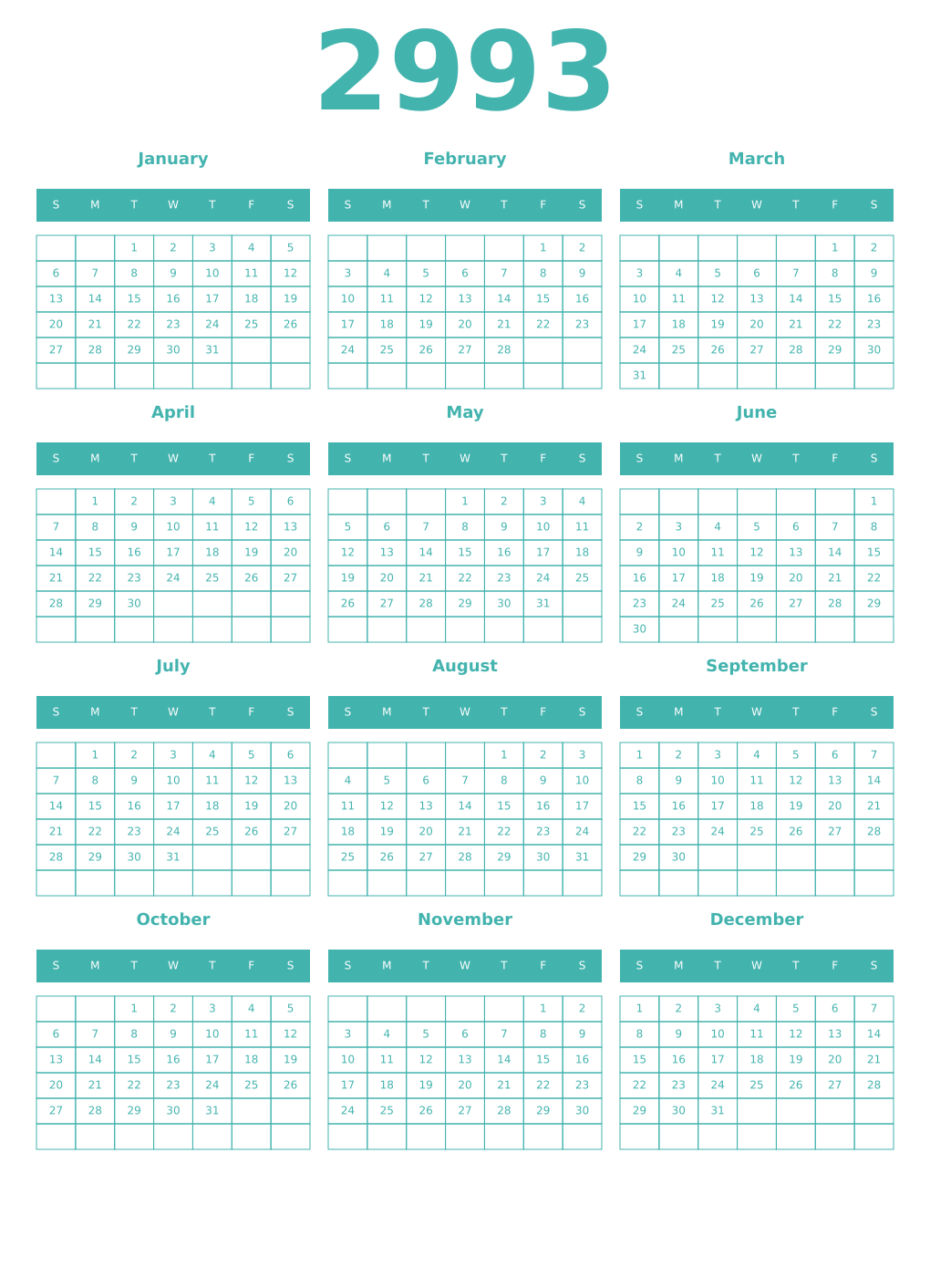 Printable 2993 Year Calendars verdigris
