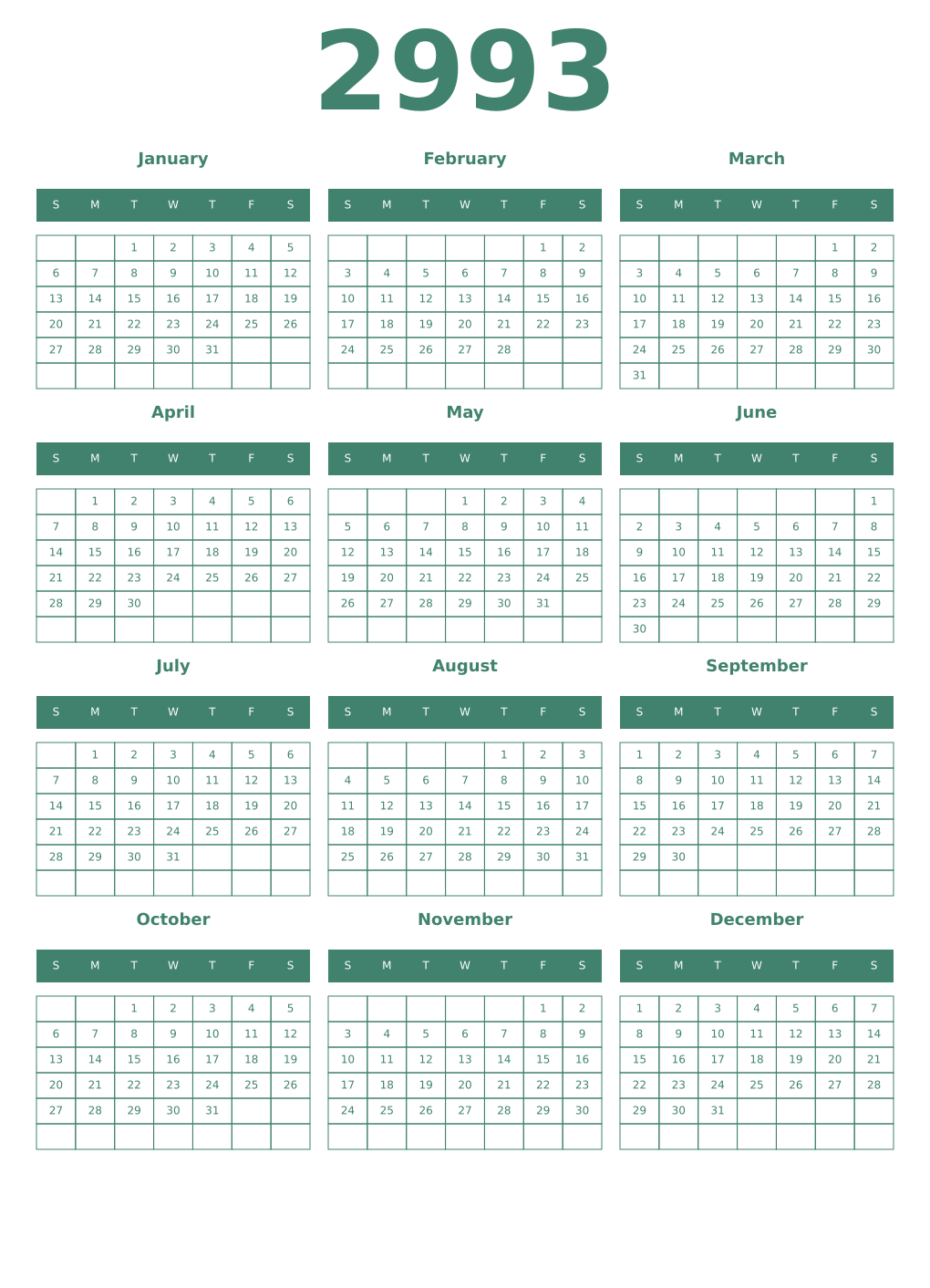 Printable 2993 Year Calendars viridian