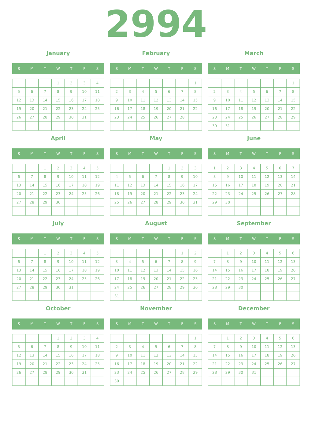 Printable 2994 Year Calendars celadon