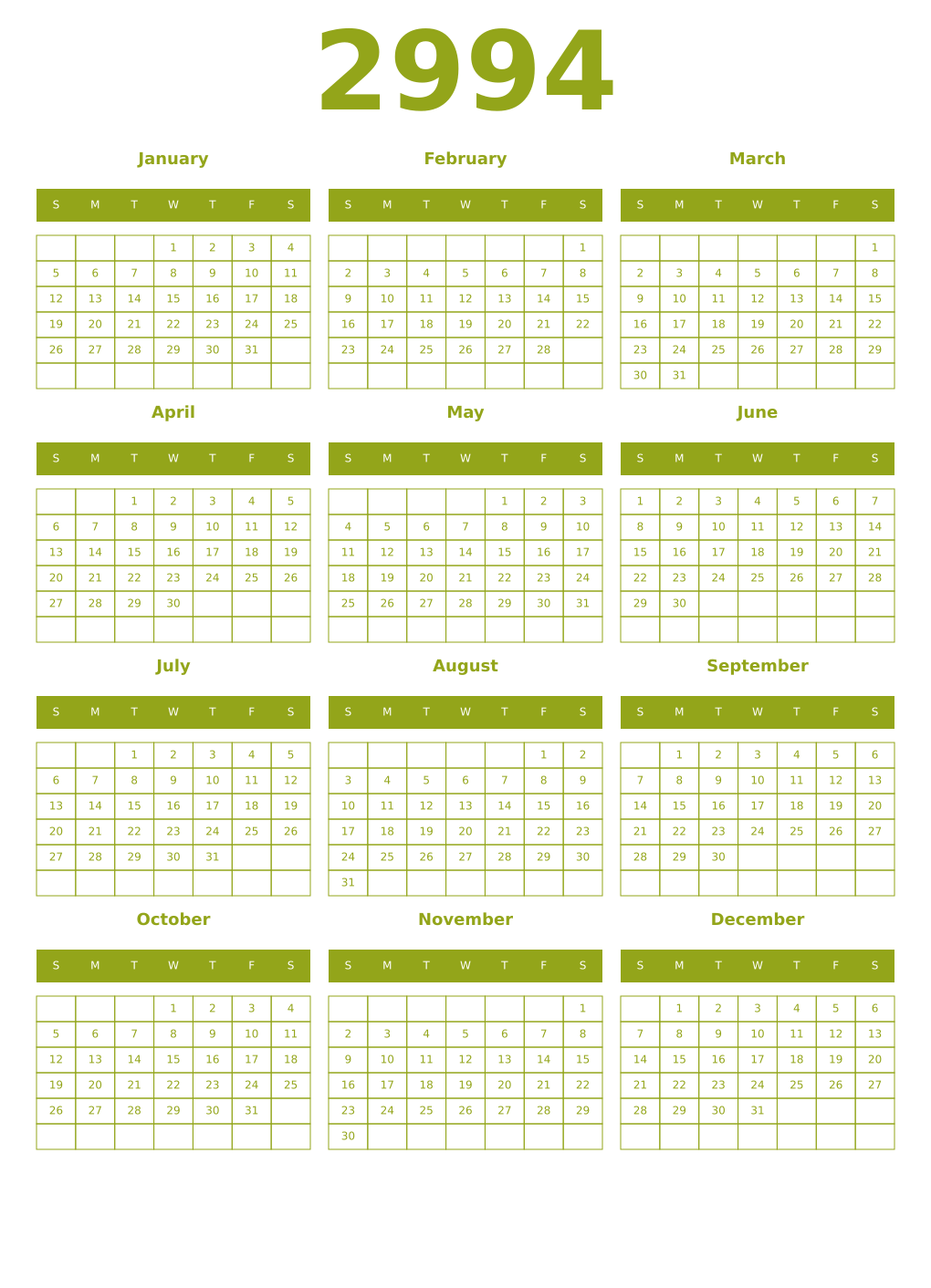 Printable 2994 Year Calendars chartreuse