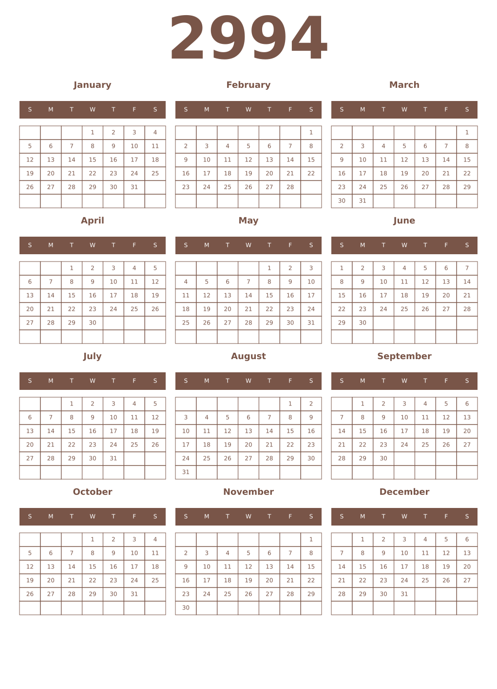 Printable 2994 Year Calendars coffe