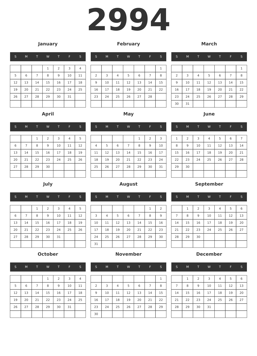 Printable 2994 Year Calendars dark