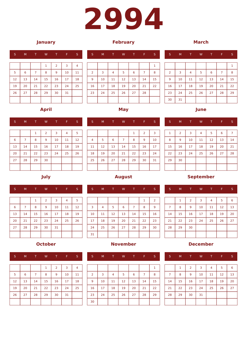 Printable 2994 Year Calendars falu