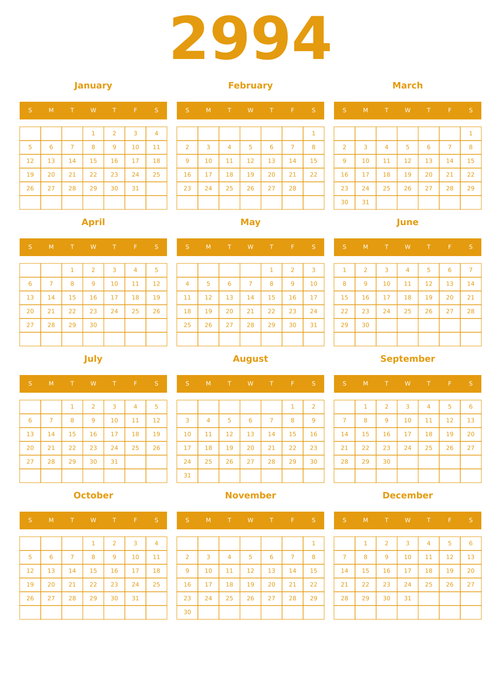 Printable 2994 Year Calendars gamboge