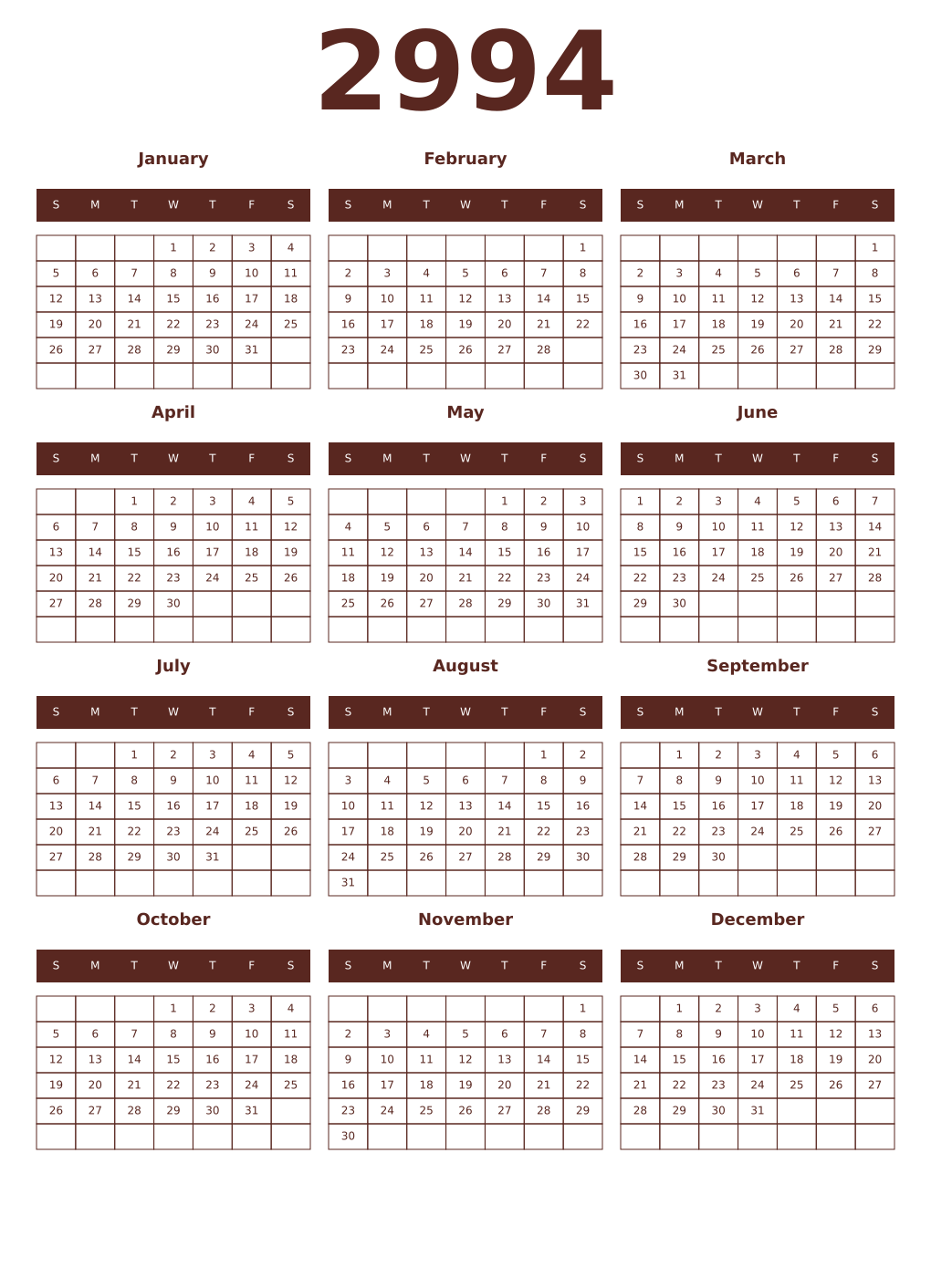 Printable 2994 Year Calendars mortuum