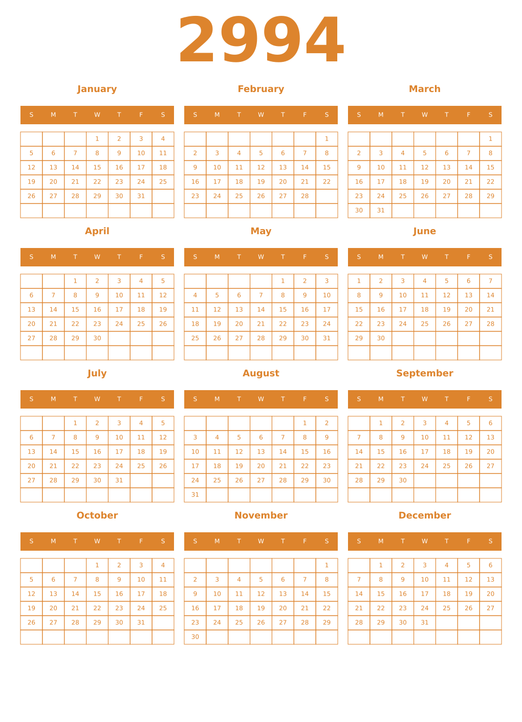 Printable 2994 Year Calendars orange