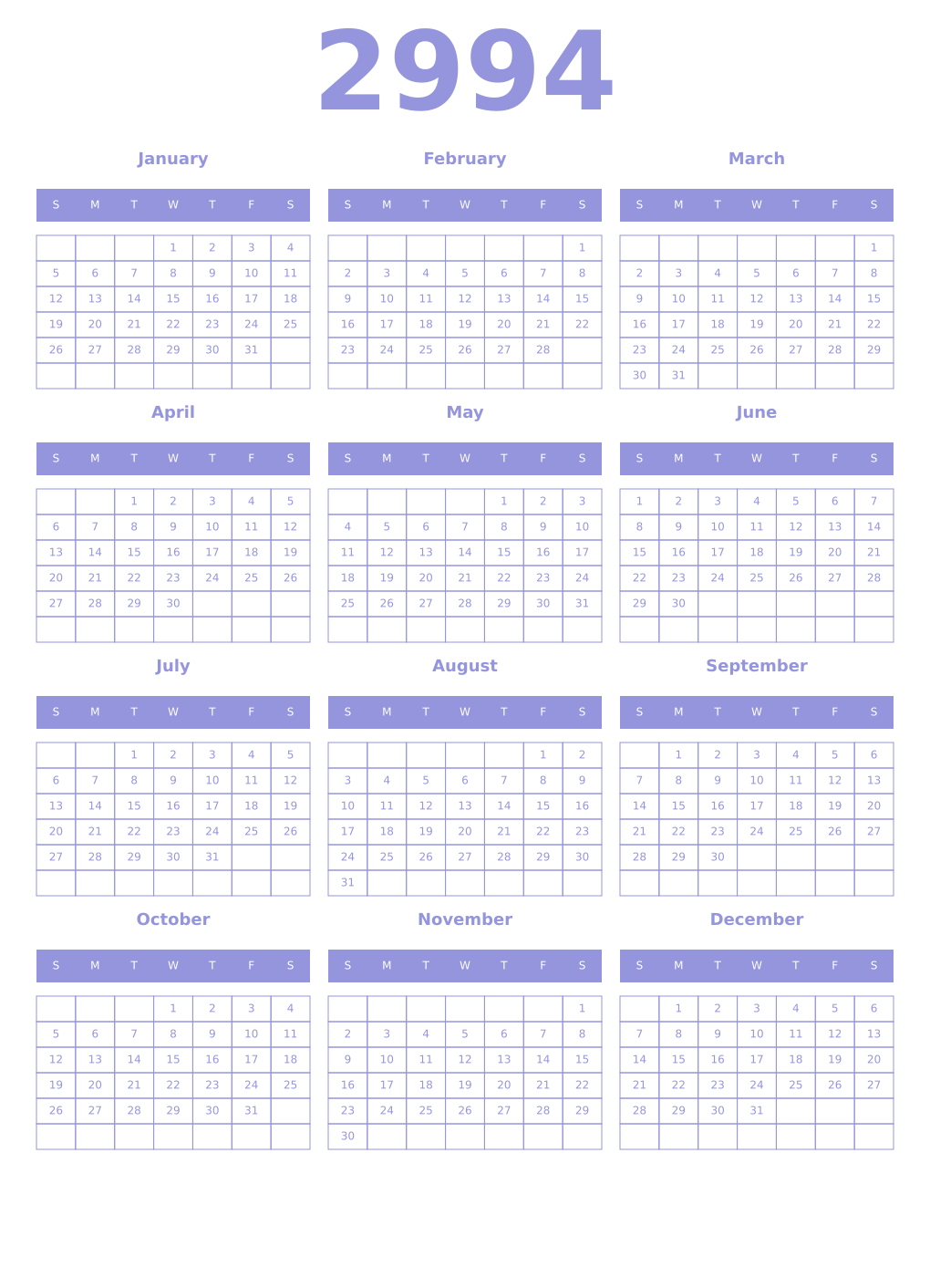Printable 2994 Year Calendars periwinkle