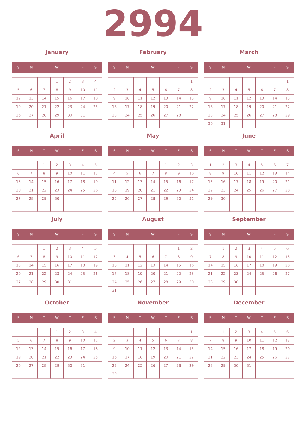 Printable 2994 Year Calendars puce