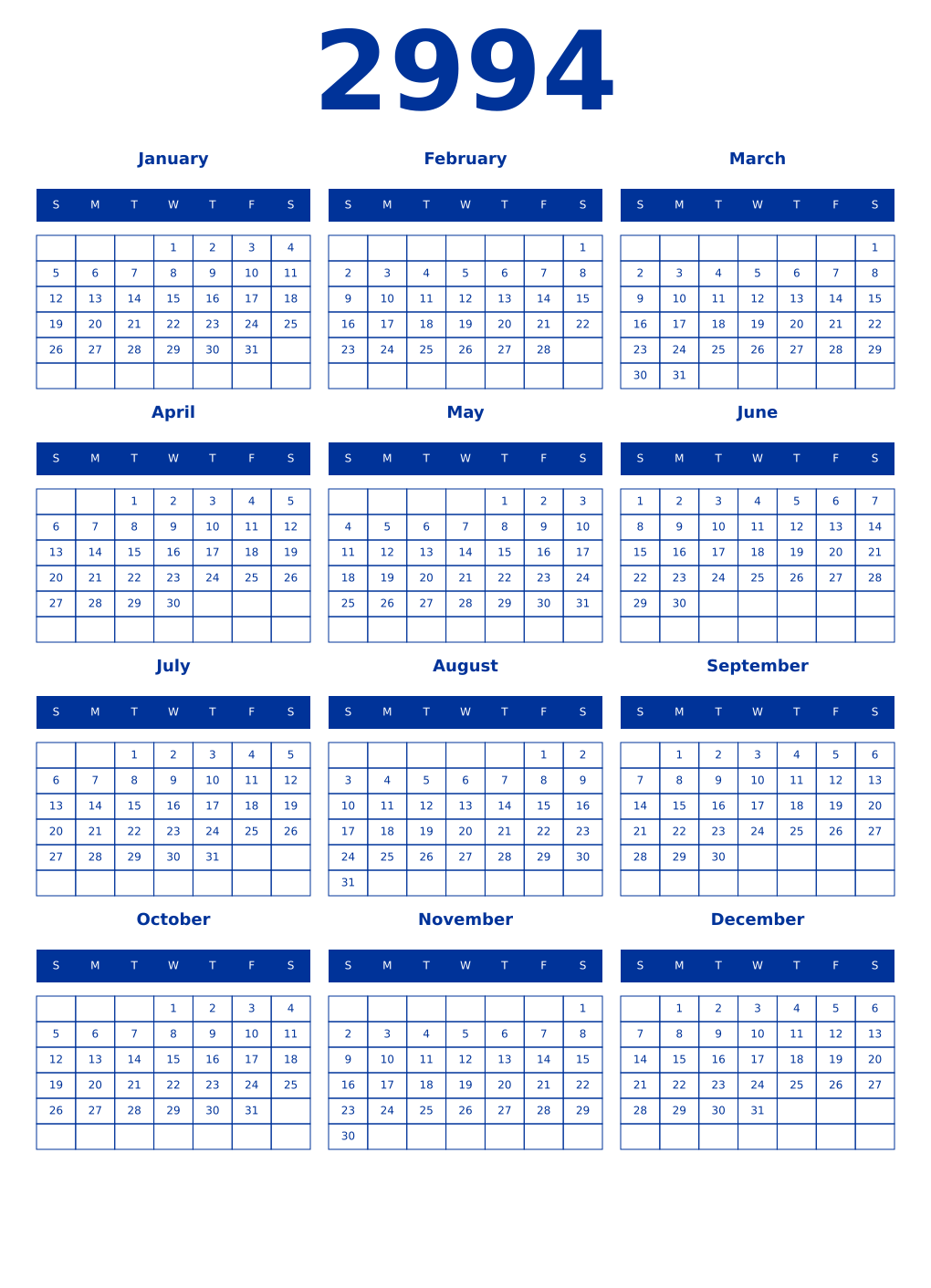 Printable 2994 Year Calendars smalt