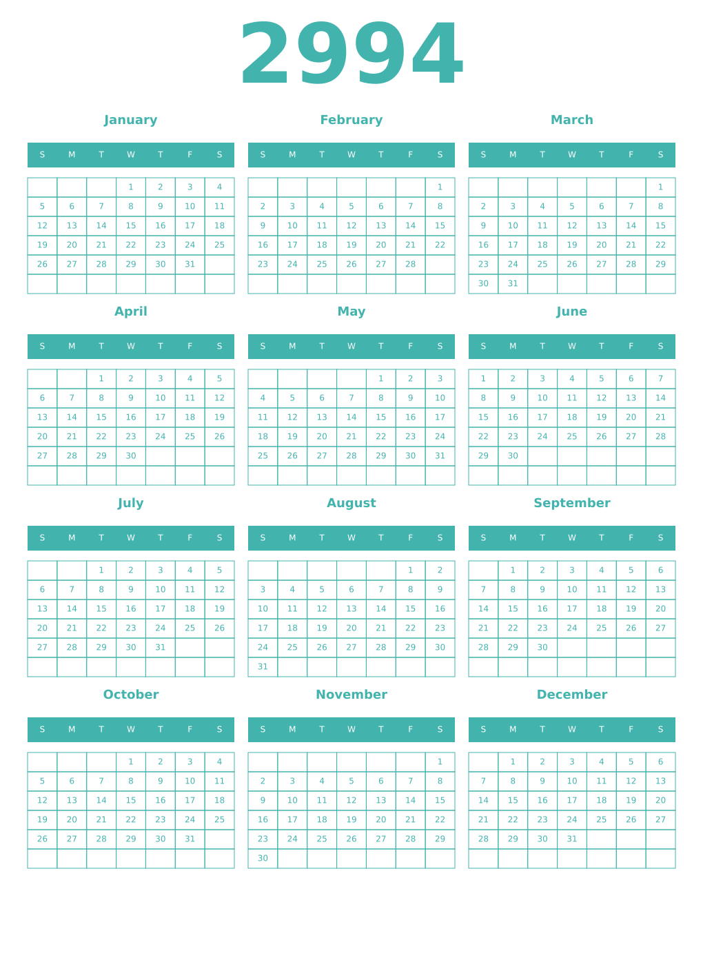 Printable 2994 Year Calendars verdigris