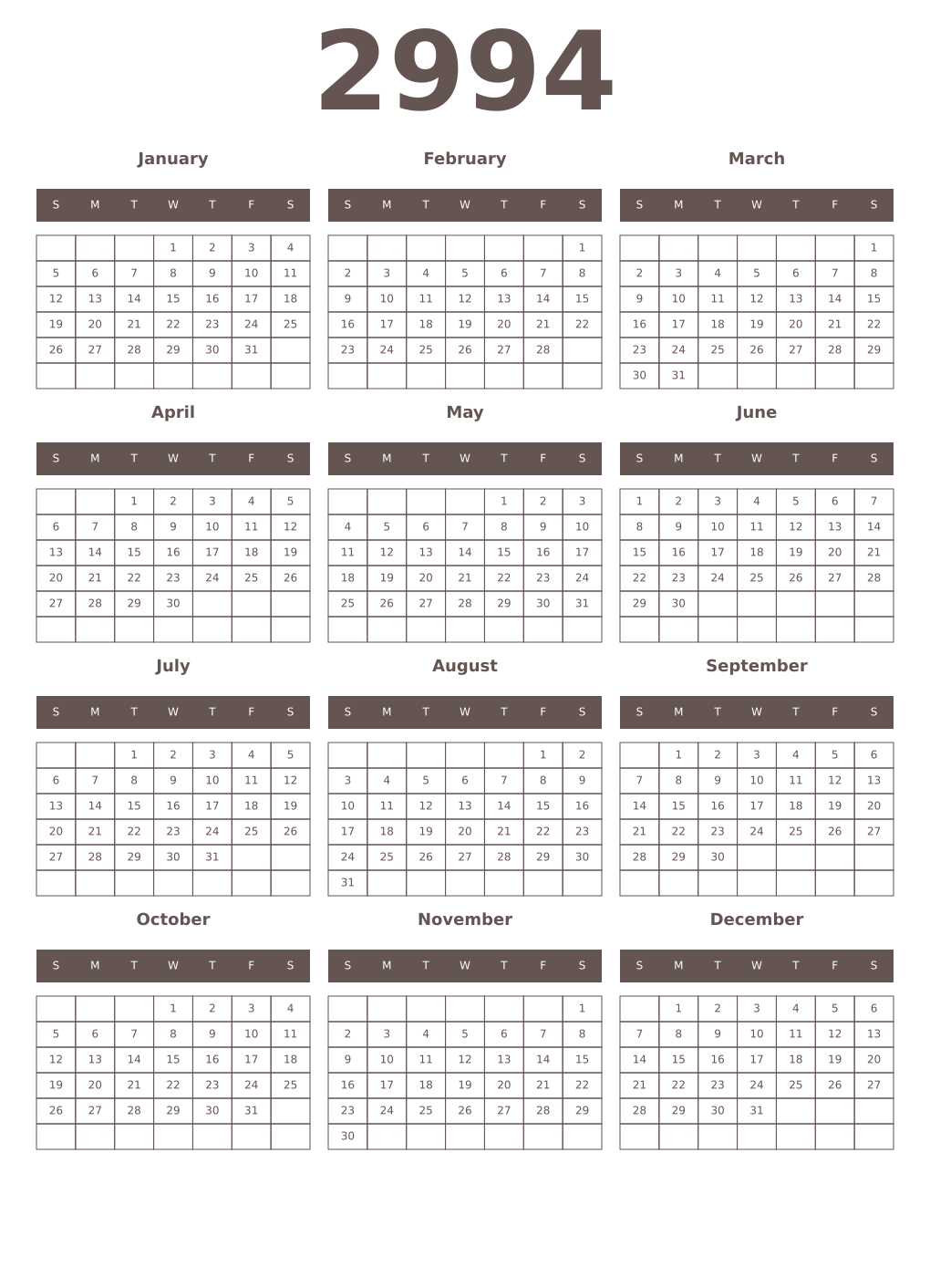Printable 2994 Year Calendars wenge