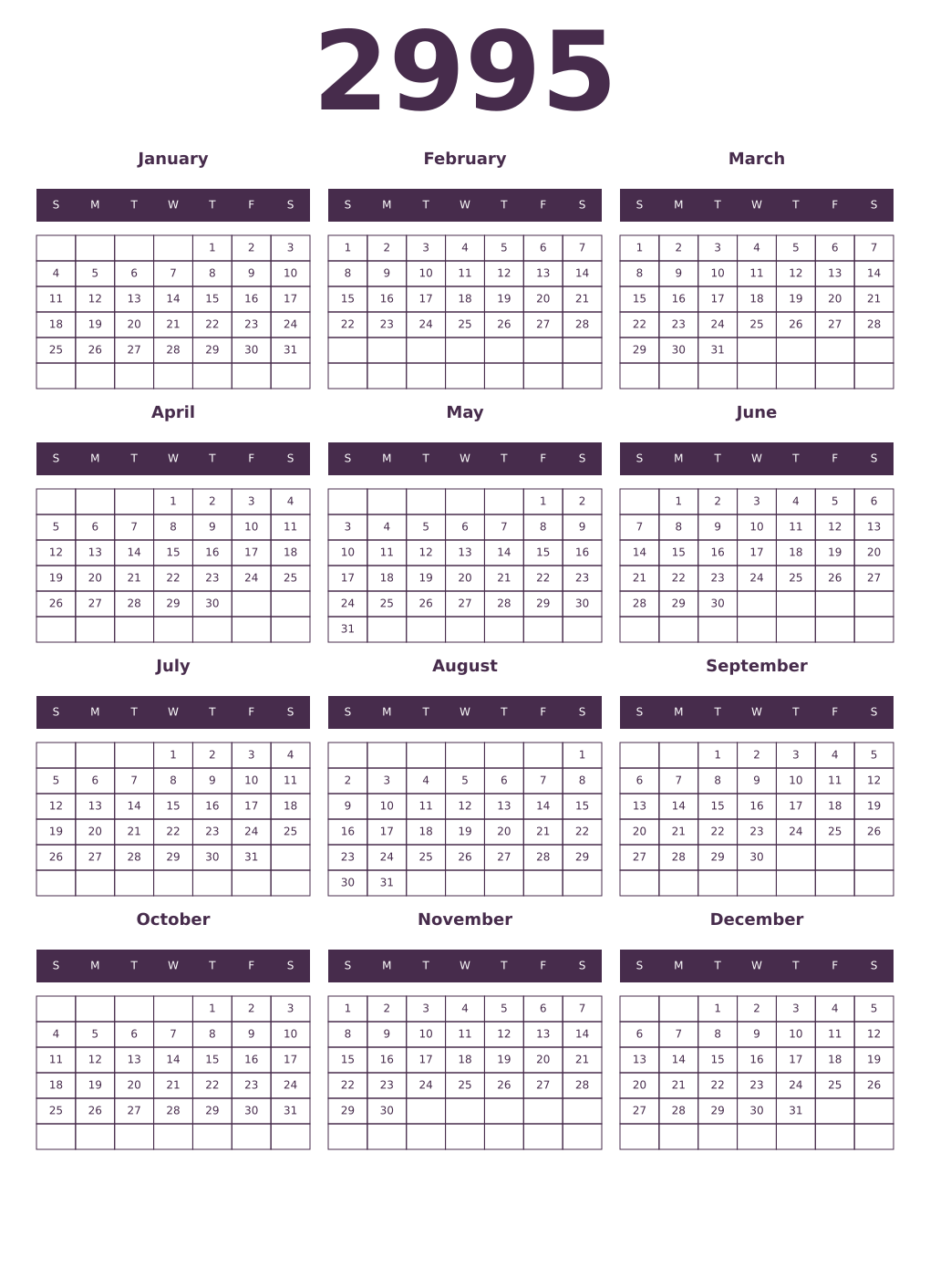 Printable 2995 Year Calendars aubergine