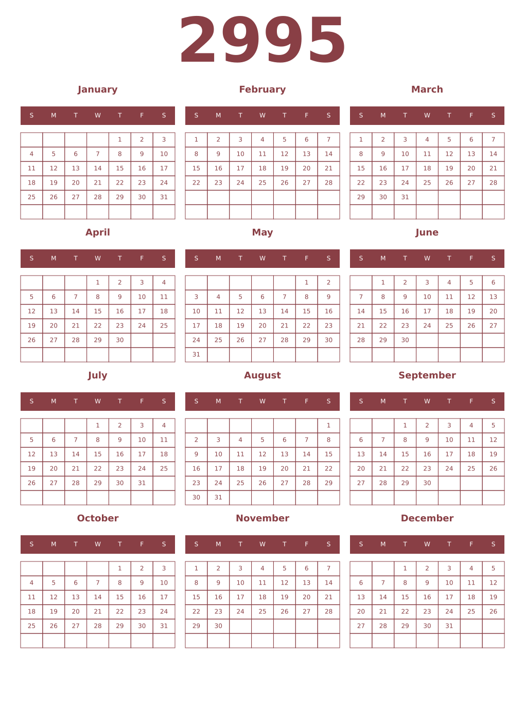 Printable 2995 Year Calendars cordovan